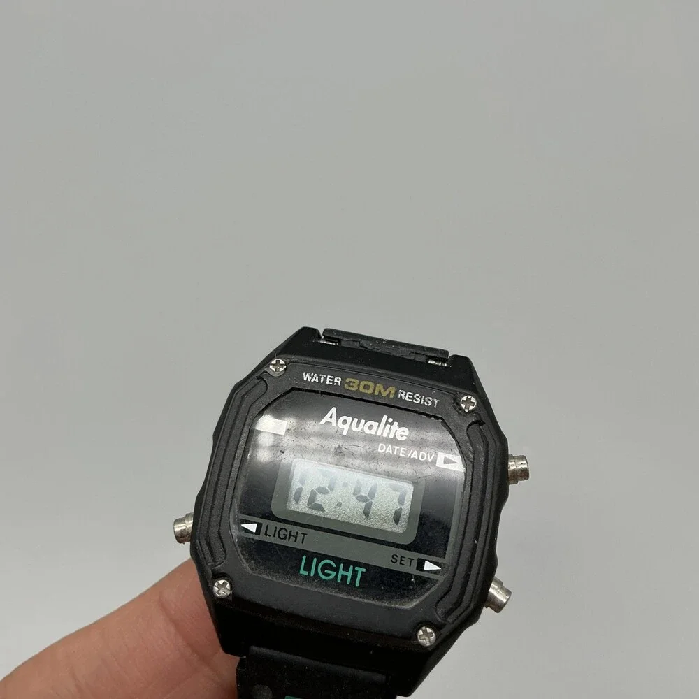 Aqualite Mens Watch 30mm Digital Black 30M WR Backlight Date New Battery